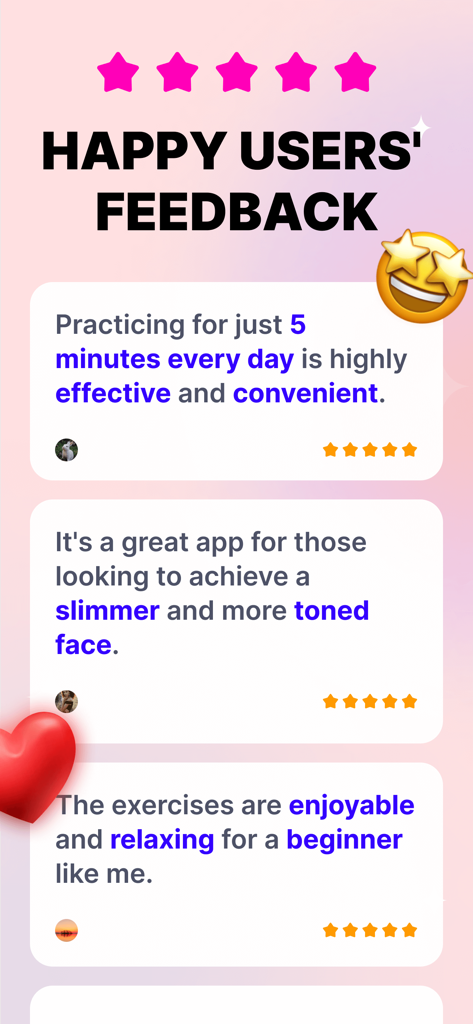 Happy users feedback and testimonials for the Face Yoga Exercises and Skincare app