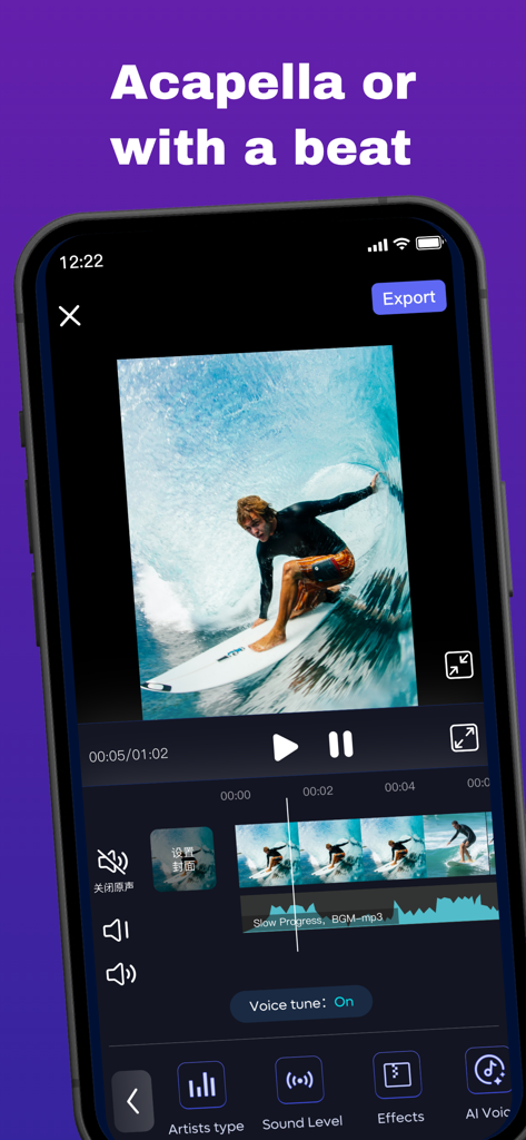 Voicely : Ringtone & AI Voice - Interface of Voicely app showing video audio editing with options for acapella or adding a beat