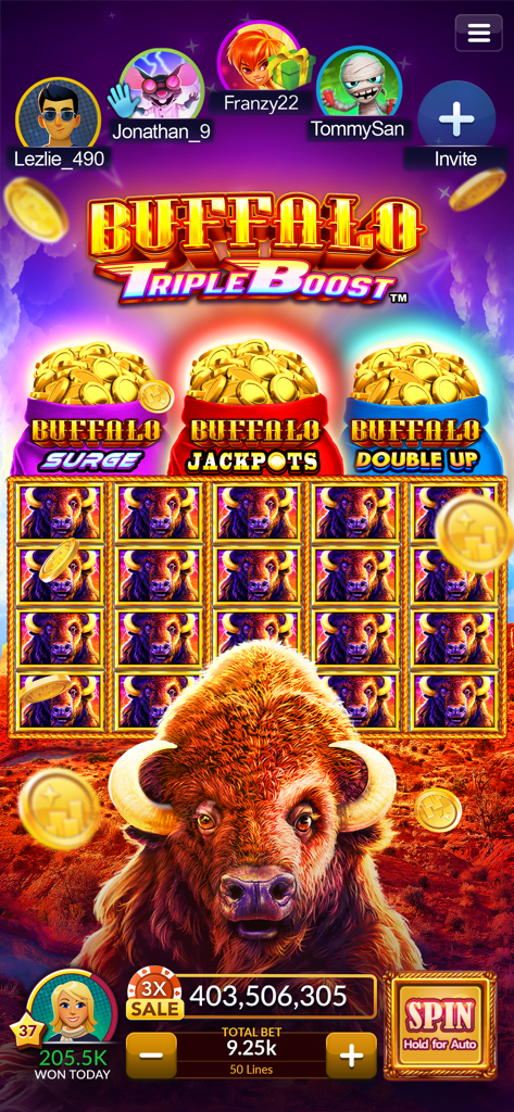 Jackpot Magic Slots app gameplay showing the Buffalo Triple Boost slot machine with social player avatars and a large buffalo mascot.
