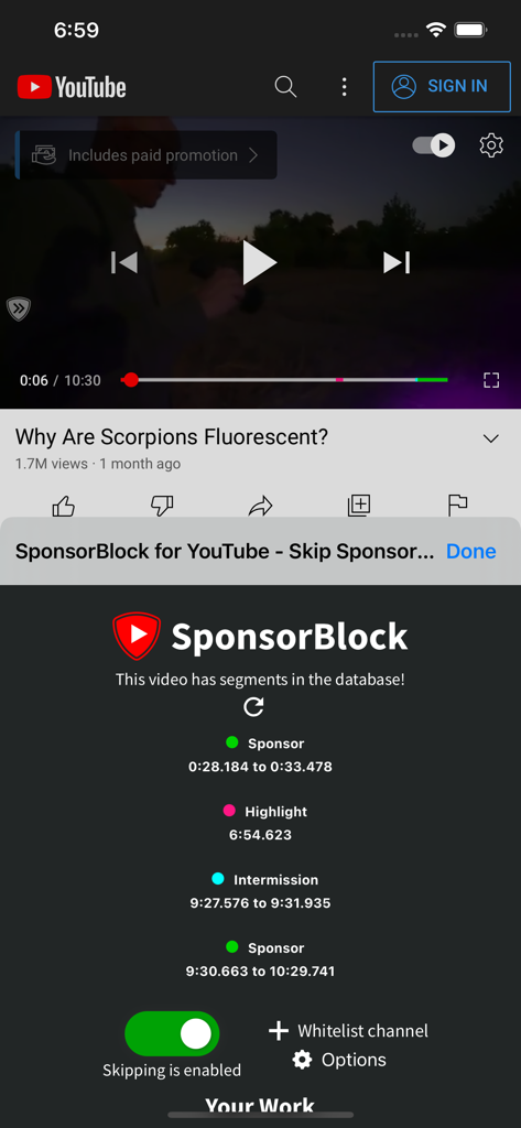 SponsorBlock for Safari - YouTube動画のスポンサーセグメントをスキップするSafari用SponsorBlock拡張機能を示すiPhoneのスクリーンショット