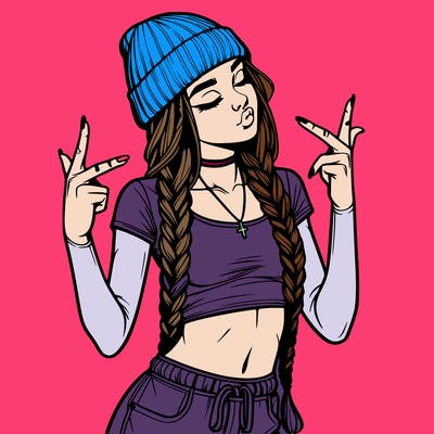 realistic teenage girl with braids and a beanie and crop top doing 🫶🏼