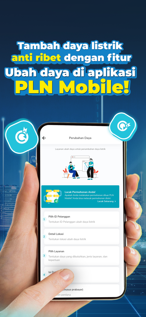 Main tenant un smartphone affichant les étapes du service Changement de courant dans l'application PLN Mobile