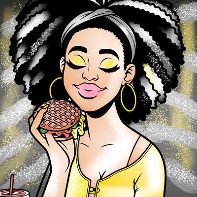 an african american woman eating a waffle burger realistic