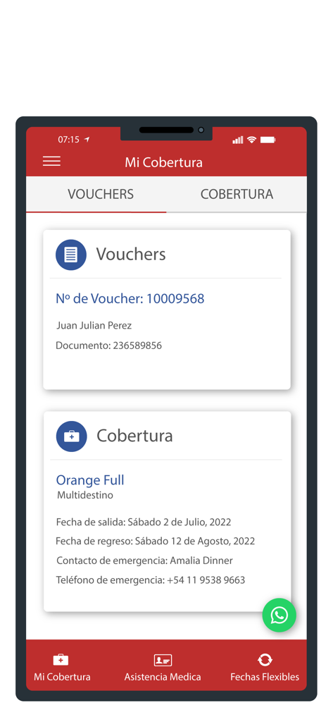 Safe Travel Assistance - 개인 바우처 정보 및 여행 보험 보장 세부 정보를 보여주는 안전 여행 지원 앱 스크린샷