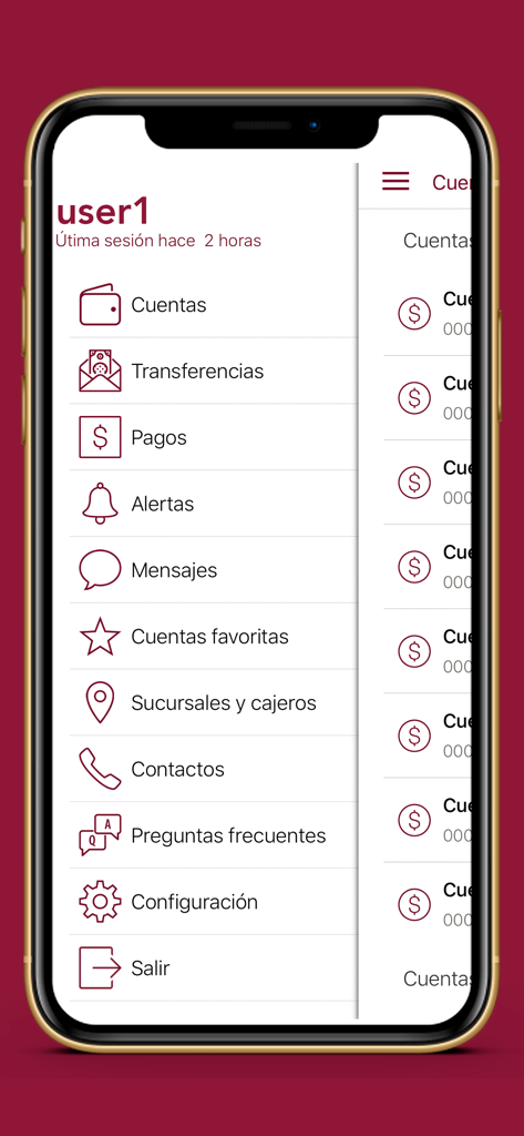 Menú de navegación de la aplicación de banca móvil ADAP en Línea con opciones para transferencias de cuentas y pagos