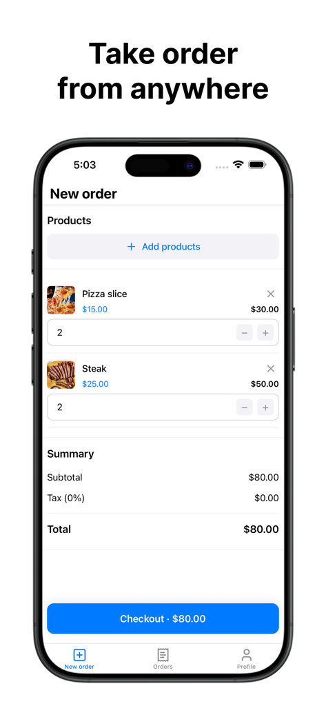 Smartphone screen showing the Take App new order interface with product list and checkout button