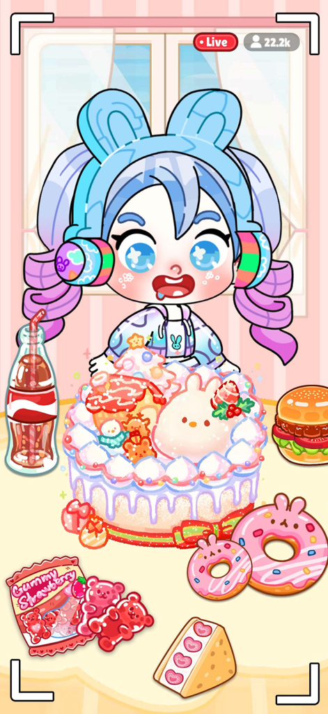 Anime style character streaming a mukbang with a large bunny cake and colorful treats.
