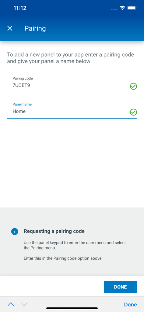 Eaton SecureConnect - Eaton SecureConnect pairing screen showing a security panel setup with name Home and pairing code