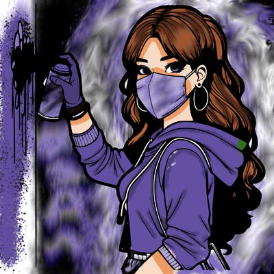 realistic girl with mask spray painting a wall