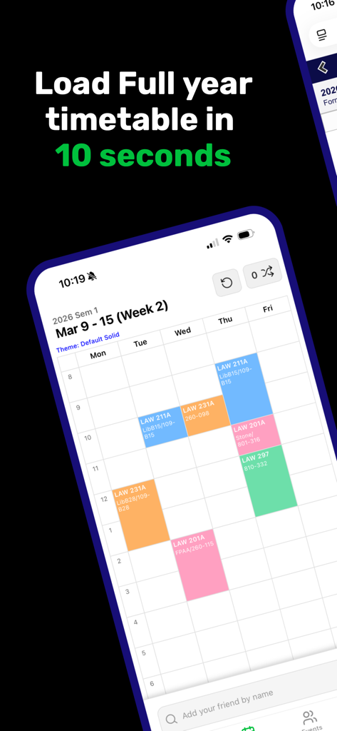 Quad - UoA Student Hub - Quad app interface showing a student class timetable for the University of Auckland
