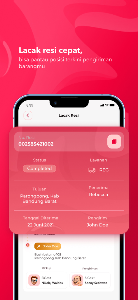 SiCepat Ekspres app screen showing package tracking details and completed delivery status