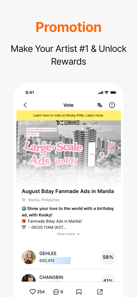 Kooky: For K-Pop Fans - Mobile app screen showing a leaderboard for K-pop idol promotions on the Kooky app