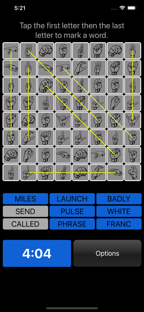 Ein Wortsuchrätsel mit Fingersprache-Handzeichen der amerikanischen Gebärdensprache auf einer mobilen Benutzeroberfläche
