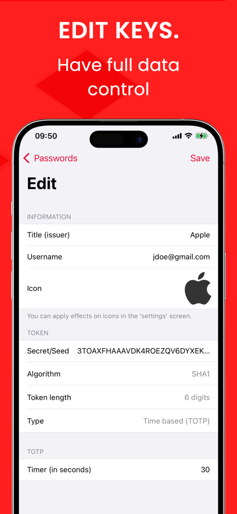 Raivo - 2FA Authenticator app - Interface for editing account security keys and custom icons in the Raivo 2FA Authenticator app