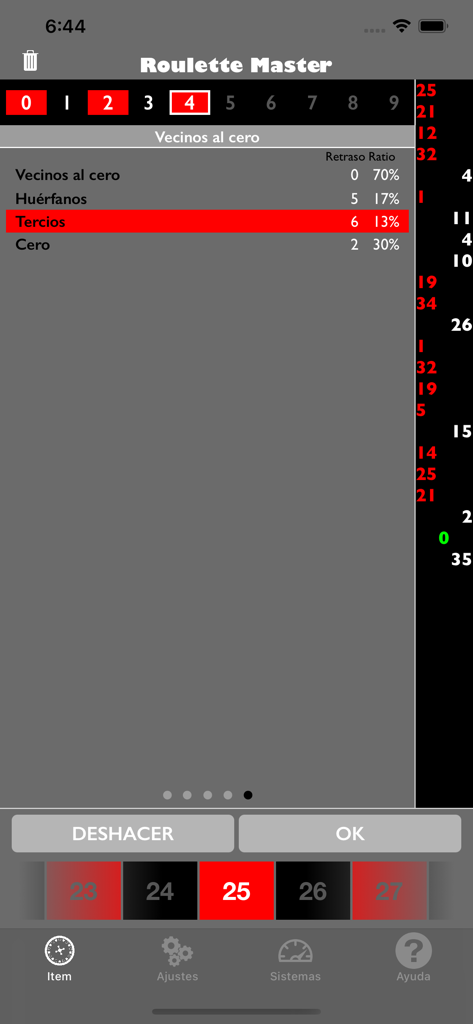 Interfaccia dell'app Roulette Master che mostra statistiche di tracciamento avanzate e avvisi di sistema di scommesse per i giocatori di roulette.