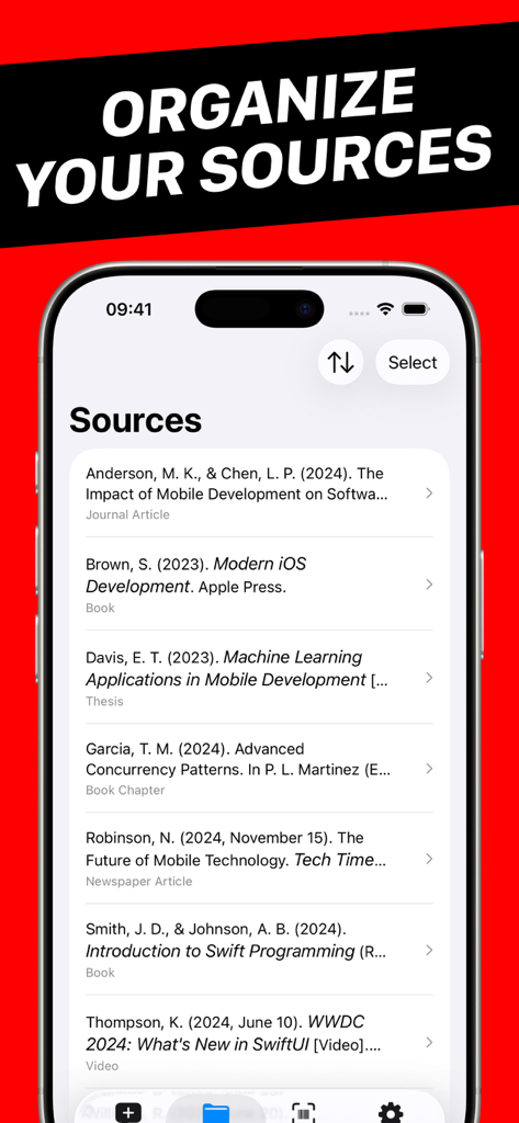 APA Citation Generator - Solon - Una lista de fuentes y referencias académicas organizadas en la aplicación Generador de Citas APA.