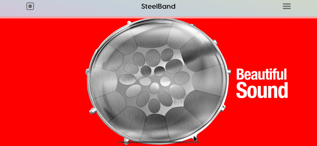 Interface of the Steelband app showing a tenor steel pan instrument on a red background with the text Beautiful Sound