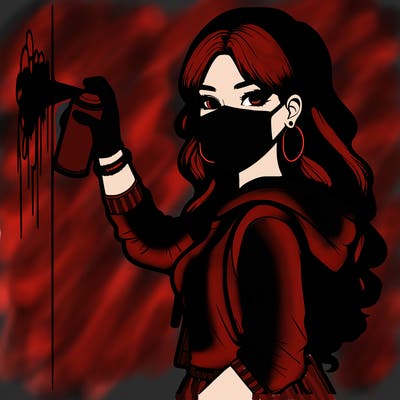 realistic girl with mask spray painting a wall