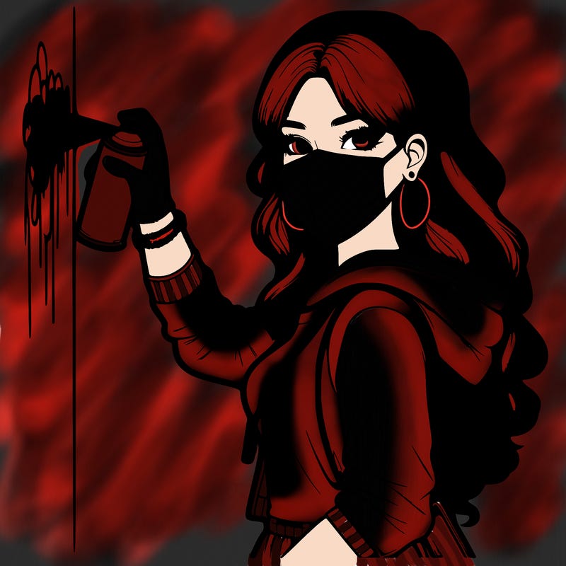 realistic girl with mask spray painting a wall