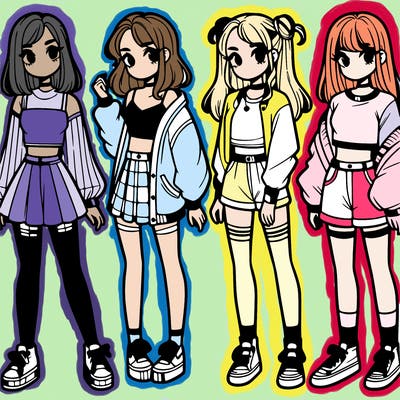 one girl with crop-top shirt and a jacket with a skirt, long socks and another girl with a shirt and pants with a jacket