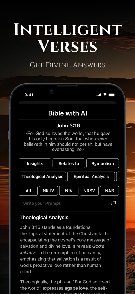 Bible Chat with AI - Bible Chat with AI app showing theological analysis of John 3:16 scripture.