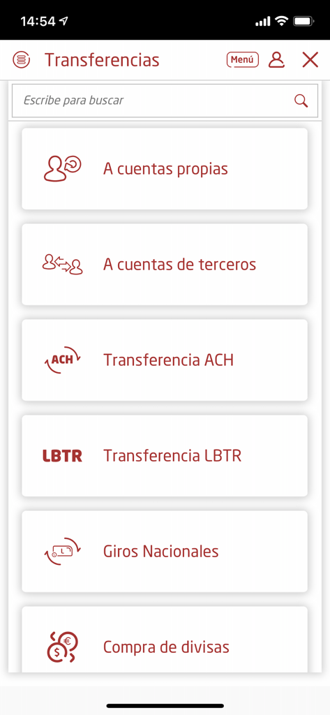 Atlántida Móvil - Atlantida Movil app screen displaying money transfer options including third party and ACH transfers