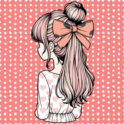 realistic girl  with hip length hair a bun and a big bow on the back of head