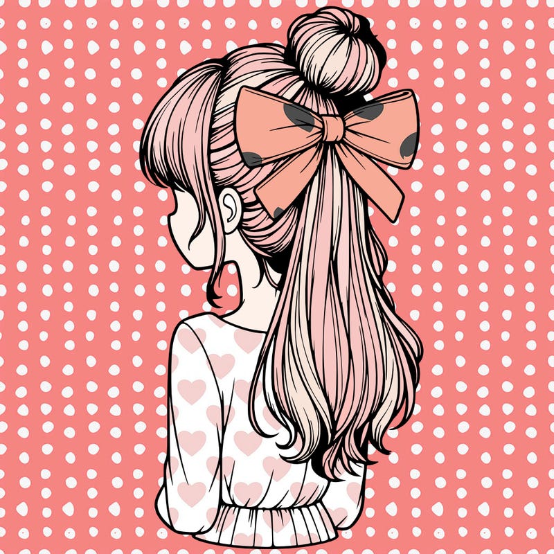 realistic girl  with hip length hair a bun and a big bow on the back of head