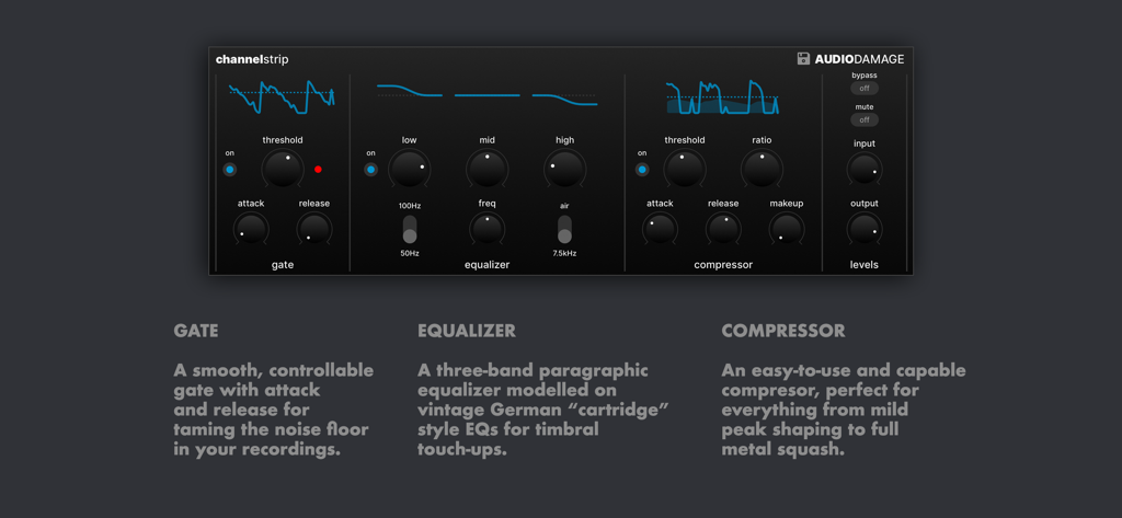 ChannelStrip plugin interface by Audio Damage showing Gate Equalizer and Compressor controls