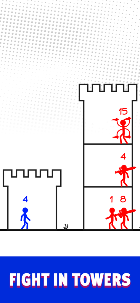 Mighty Party tower battle puzzle with blue hero and red enemies