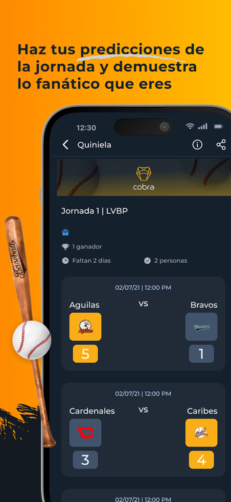 Quinielas Cobra - Quinielas Cobra mobile app interface showing baseball score predictions for the LVBP league