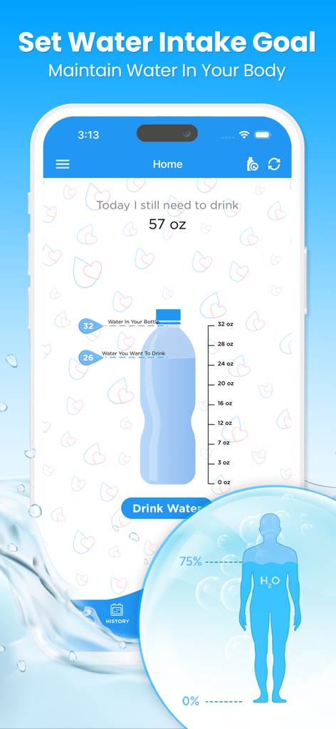 Drink Water Reminder N Tracker - Pantalla de smartphone de la app Recordatorio de Agua N Rastreador mostrando una meta de hidratación diaria y un gráfico del nivel de agua.