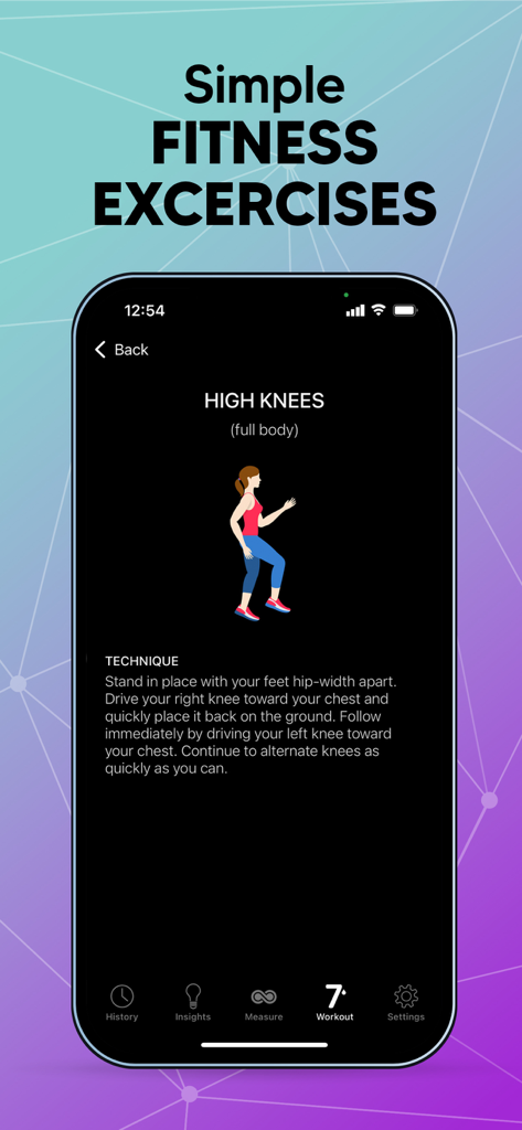 Cardiio app screen displaying instructions for a high knees fitness exercise