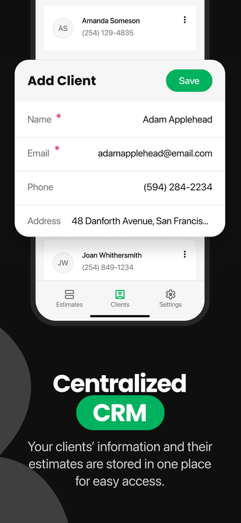 Handoff Construction Estimator - A screenshot of the Handoff app showcasing its centralized CRM and client management interface