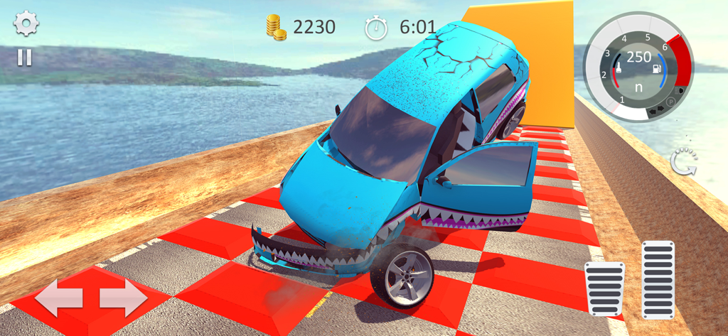 A damaged blue car after a high speed crash on a checkered ramp in a simulator game