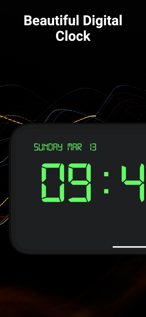 Digital Clock - Bedside Widget - Uma interface de relógio digital LED verde mostrando a data e a hora em um fundo escuro