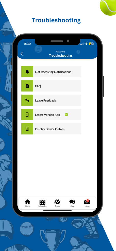 Écran de dépannage de l'application SportsPlus avec des options pour les notifications, la FAQ et les commentaires