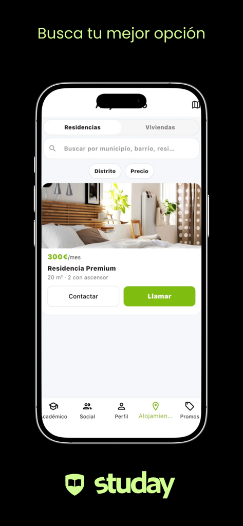 Mobile screen of the Studay app displaying a search interface for student housing and residence listings.