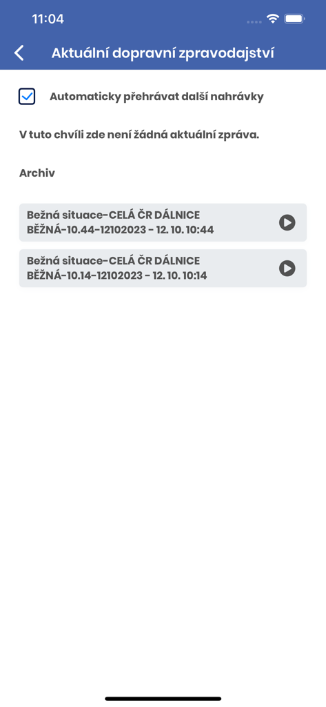ŘSD dopravní informace - Interface of the RSD traffic app showing audio traffic reports archive.