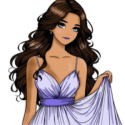 realistic girl in flowy silky prom dress