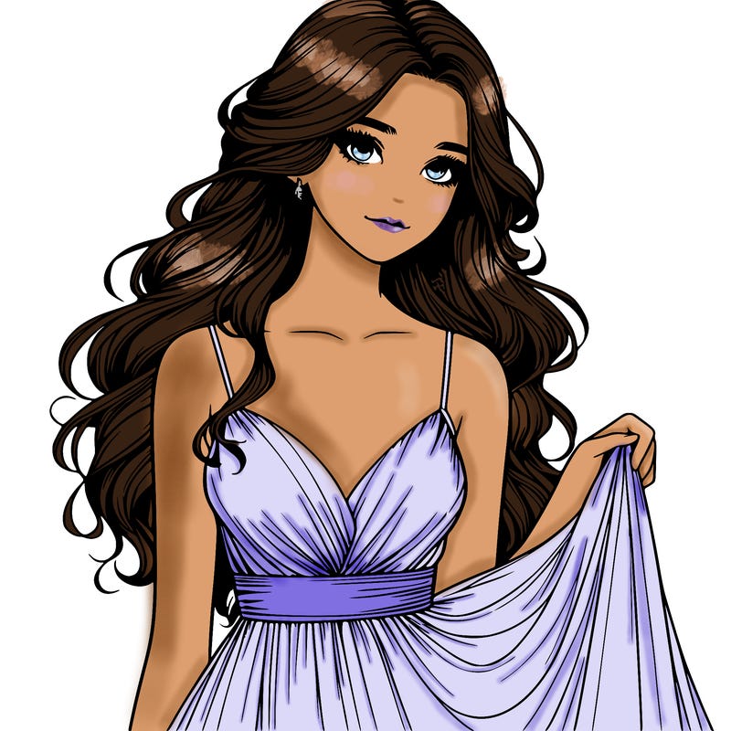 realistic girl in flowy silky prom dress