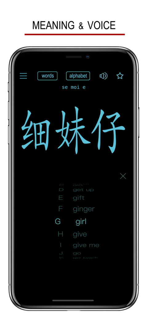 Hakka - Chinese Dialect - Hakka Chinesischer Dialekt App-Oberfläche, die Vokabeln und Zeichen zeigt.
