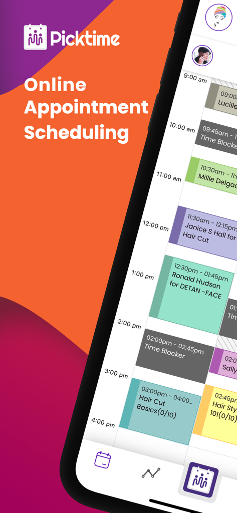 Picktime - Mobile screenshot of the Picktime app displaying a daily schedule with various color-coded appointments and time blocks.
