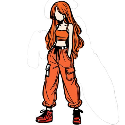 girl in baggy pants crop top and long hair