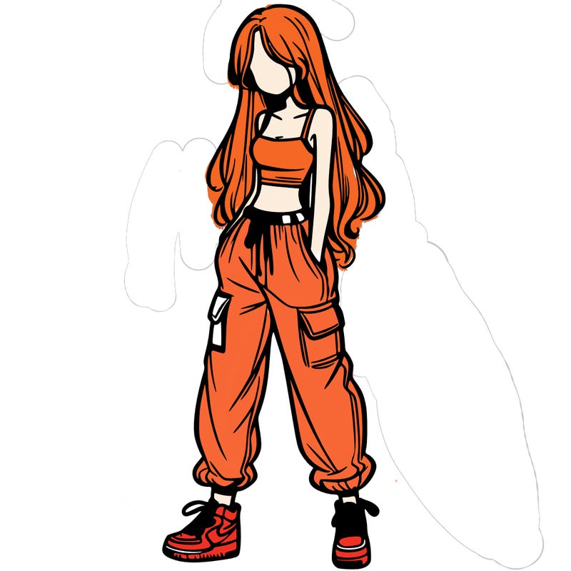 girl in baggy pants crop top and long hair