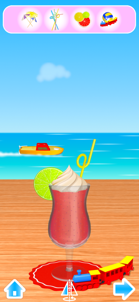 Smoothie Maker Deluxe - A red smoothie decorated with whipped cream and a lime slice on a beach background