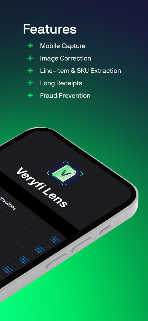 List of Veryfi Lens features including mobile capture, line item extraction, long receipts, and fraud prevention