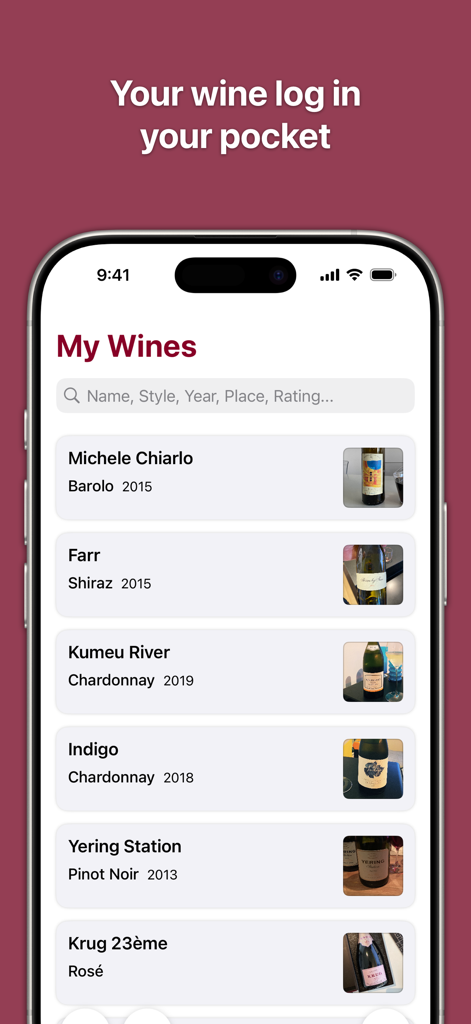 Interfaz de la aplicación My Wines mostrando una lista privada de vinos registrados con fotos de sus etiquetas