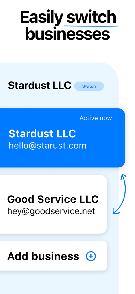 Mobile app screen showing the feature to easily switch between multiple business accounts and add new businesses.