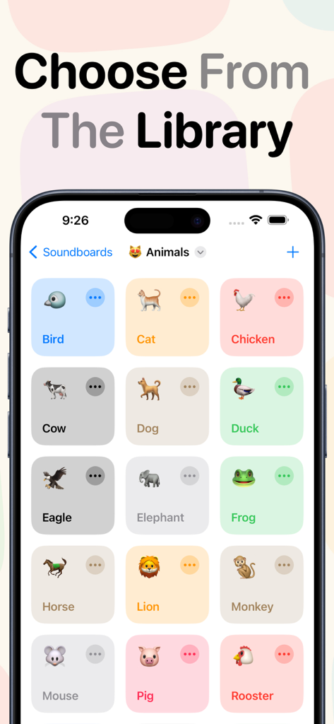 Klang - Sound Board Widget - A colorful grid display of animal sounds within the Klang soundboard library